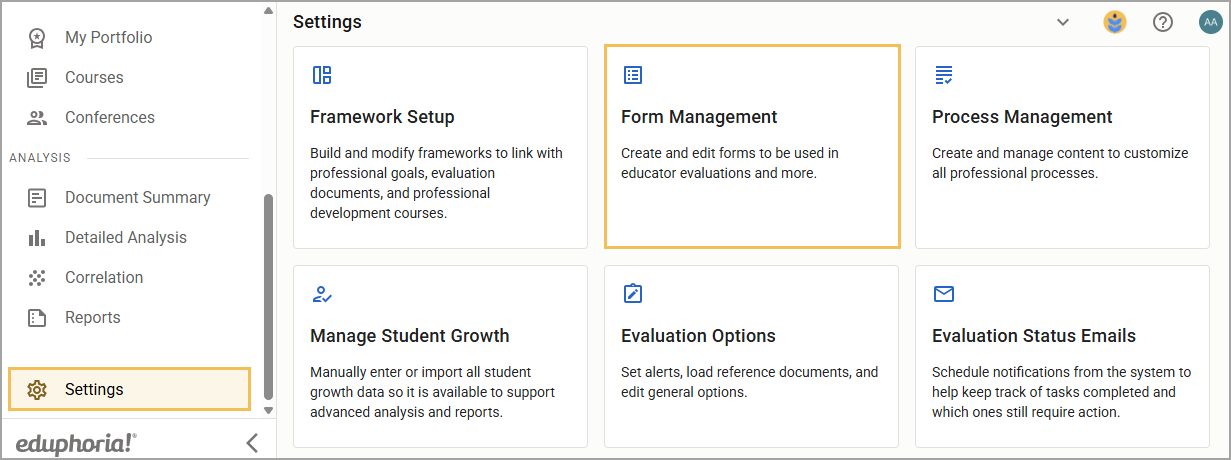Settings menu displaying options for framework setup, form management, and evaluation processes.